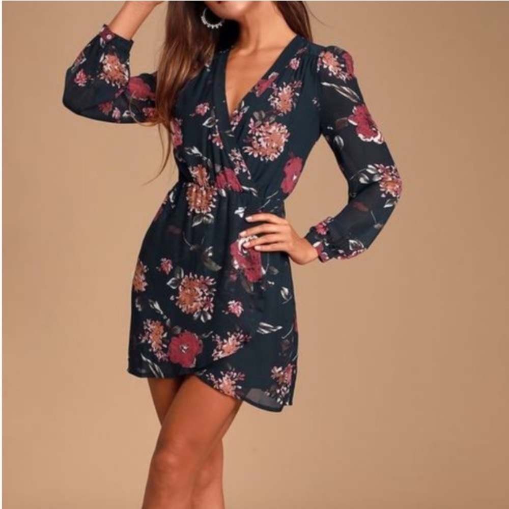 🆕 Lulus Sz XS Pretty Pretender Navy Floral Print Faux Wrap Dress